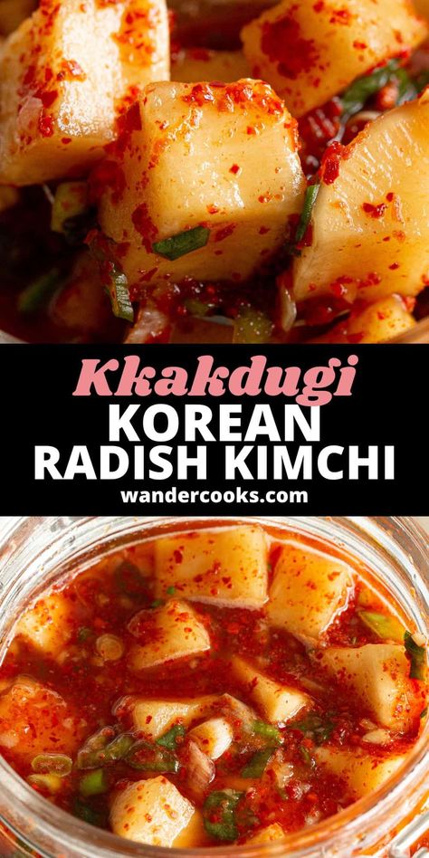 This crunchy, spicy Korean kkakdugi is the perfect side dish or addition to your favourite Korean recipes. Cubed Korean radish kimchi is ready to eat in 15 minutes or savour the rich taste as the flavours develop over time. Pickled Diakon Radish Korean, Daikon Kimchi, Japanese Sauces, Radish Pickle, Tuna Mornay, Japanese Dressing, Korean Radish, Daikon Recipe, Radish Kimchi