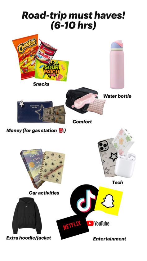 Car Journey Essentials, Snack List For Road Trip, Best Gas Station Snacks, Bus Trip Snacks, What To Do In The Car On A Road Trip, Road Trip Set Up, Car Ride Snacks, Snacks For Road Trip, Long Road Trip Essentials