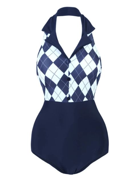 Navy Blue 1930s Halter Plaid One-Piece Swimsuit | Retro Stage Cute Red White And Blue Outfits, Elegant Swimwear, Style Vert, Retro Stage, Coverup Swimsuit, Retro Swimsuit, Swimsuit For Women, Standard Dress, Blue Green Orange