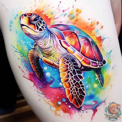 50 Sea Turtle Watercolor Tattoos: A Symbol of Strength and Beauty - inktat2.com Sea Turtle Tattoo Realistic Color, Watercolour Turtle Tattoo, Color Turtle Tattoo, Turtle Tattoo Color, Colour Sleeve Tattoo, Watercolor Sea Turtle Tattoo, Watercolor Turtle Tattoo, Colour Tattoo Designs, Sea Turtle Watercolor Tattoo