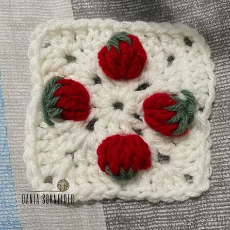 Crochet Blueberry Granny Square, Cow Print Granny Square, Tomato Granny Square, Strawberry Granny Square Blanket, Pie Granny Square, Blueberry Granny Square, Coquette Granny Square, Strawberry Crochet Granny Square, Strawberry Granny Square Free Pattern