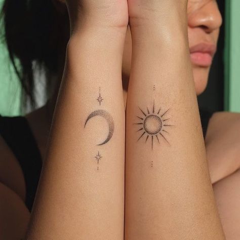 Sun And Moon Tattoo Matching Minimalist, Sister Moon And Sun Tattoos, Hand Poked Sun Tattoo, Sun And Moon Tattoo On Hand, Sun And Moon Tattoo On Wrist, Hand Poke Sun Tattoo, Sun Snd Moon Matching Tattoos, Fine Line Sun And Moon Tattoo Matching, Sun And Moon Tattoo Above Knee