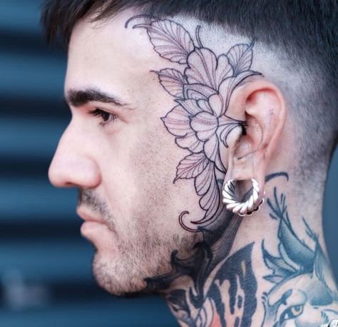 Cheek Tattoo Men, Head Tattoos Side, Floral Neck Tattoo Men, Small Cheek Tattoo, Facial Tattoos Men, Chin Tattoo Men, Side Of Head Tattoo Men, Side Face Tattoo Men, Side Ear Tattoo