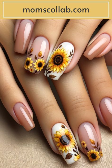 Whether you prefer the subtlety of minimalist art or the boldness of 3D sculptures, there's a sunflower nail design for you. Navy And Sunflower Nails, Nail Art Sunflower Design, Spring Nails Design 2024, Nails With Art Design, May Nails Ideas 2024, Fall Sunflower Nails, Sunflowers Nails, Sunflower Nails Design, Trendy Nails Designs