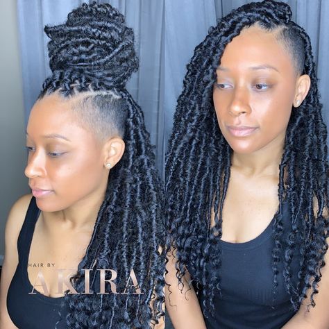 AKIRA. on Instagram: “🌺✨MidBack Bohemian Locs with shaved sides on a gorgeous Client✨🌸Even with Shaved Sides your install will still be FULL! This install was…” Side Shave Haircut, Locs With Shaved Sides, Vacay Hair, Distressed Locs, Side Hairstyle, Braids With Fade, Side Shave, Protective Style Braids, Faux Dreads