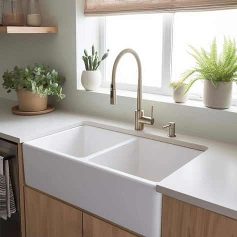 Work at the sink doesn't have to feel like work. The ergonomic shallow bowl of the Turner farmhouse kitchen sink is designed for comfort, and takes up less space in the cabinet beneath. The double bowl design allows space for washing and drying at the same time. Our ultra-durable and dense fireclay is fired up to 2100° F and protected with our proprietary finish that safeguards and adds strength. Color: Crisp White. Double Farmhouse Sink, Apron Kitchen Sink, White Farmhouse Sink, Contemporary Kitchen Sinks, Double Kitchen Sink, Apron Sink Kitchen, Farmhouse Apron, Double Bowl Kitchen Sink, Farmhouse Aprons