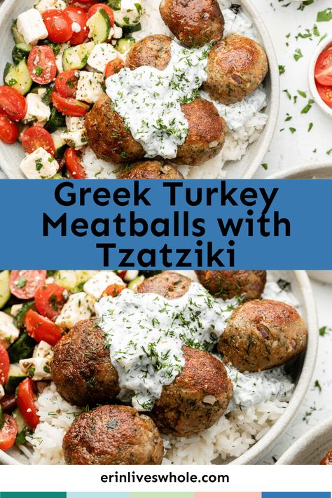 If you want to enjoy the delicious and healthy flavors of the Mediterranean, try making some Greek turkey meatballs! This recipe is absolutely delicious and really easy to make. Served up with a homemade tzatziki sauce, this meal is perfect for meal prep bowls or salads. Easy Entrees, Greek Meatballs Recipe, Greek Turkey Meatballs, Erin Lives Whole, Greek Dinner, Turkey Meatballs Healthy, Ground Turkey Meatballs, Greek Turkey, Healthy Turkey Recipes