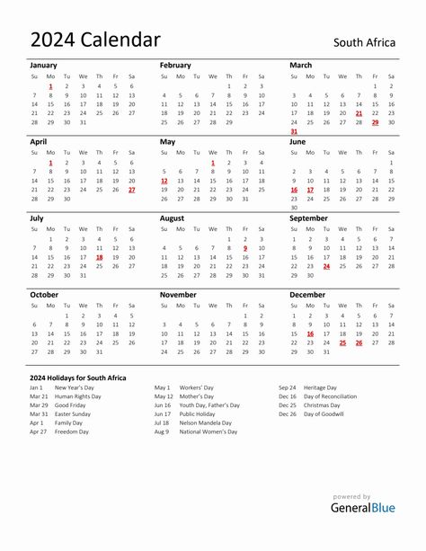 Standard Holiday Calendar for 2024 with South Africa Holidays Calender Printables, Africa Holiday, Full Year Calendar, Yearly Calendar Template, Holiday List, Calendar Ideas, Holiday Planner, Holiday Calendar, 2024 Calendar