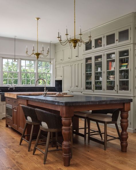 KITCHENS • Instagram Narrow Kitchen Island With Seating, Antique Kitchen Island, Swedish Home Decor, Narrow Kitchen Island, Old World Kitchens, California Street, Kitchens Cabinets, Colonial Kitchen, Narrow Kitchen