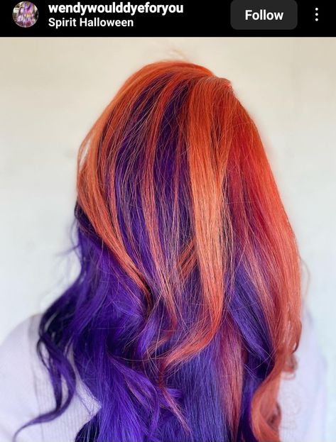 Purple And Orange Hair Highlights, Cooper And Purple Hair, Purple And Orange Hair Short, Ginger Hair With Purple, Orange And Purple Highlights, Ginger And Blue Hair, Copper And Purple Hair, Ginger And Purple Hair, Weird Hair Colors