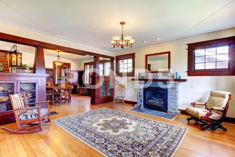 Beautiful old craftsman style home living room interior with rug Stock Photos #AD ,#home#living#style#Beautiful Craftsman Living Room Ideas, Old Craftsman Style Homes, Craftsman Style Living Room, Craftsman Style Interior, Craftsman Living Rooms, Craftsman Style Interiors, Craftsman Living Room, Chicago Bungalow, Bungalow Decor