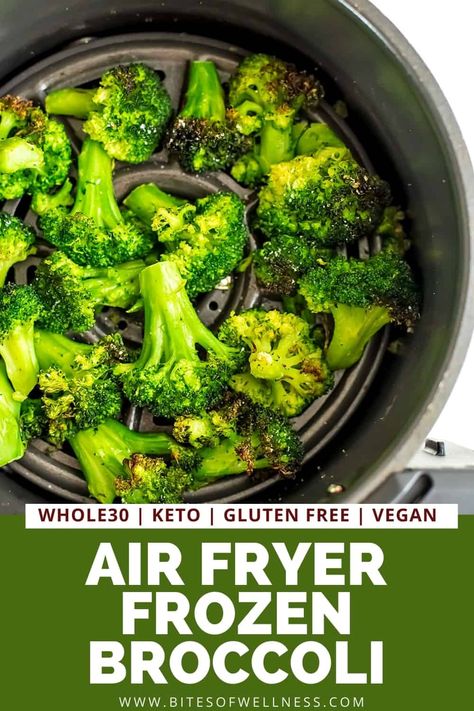 Air fryer frozen broccoli - vegan, low carb, Whole30, paleo, gluten free, dairy free - the perfect simple side dish, great for weeknight meals or snacking! Slightly crispy broccoli cooked in the air fryer from frozen - no more mushy broccoli for dinner! Air Fry Frozen Broccoli, Air Fryer From Frozen, Broccoli Cooked, Gluten Free Dairy Free Breakfast, Crispy Broccoli, Air Fryer Broccoli, Vegan Low Carb, Quick Bites, Dairy Free Breakfasts