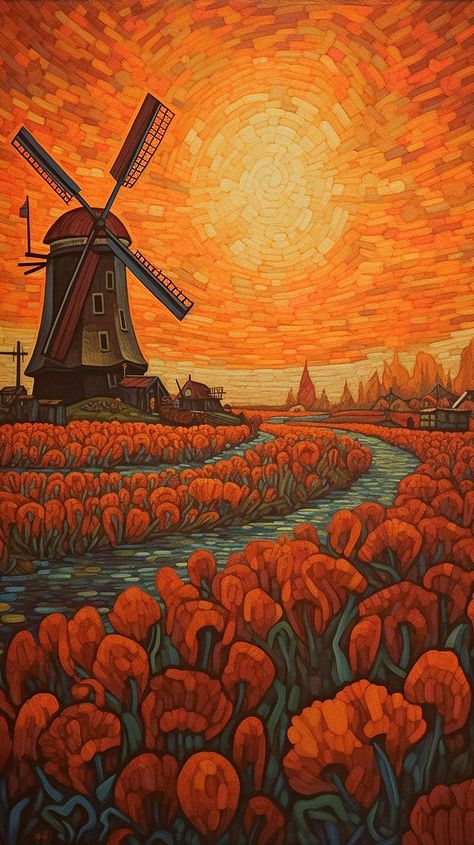 tulip Fields in Holland, windmill, art design, gemaakt van Midjourney Windmill And Tulips Tattoo, Wind Mill Drawing, Mill Tattoo, Netherlands Windmills, Fire Watch, Dutch Tulips, Holland Art, Holland Windmills, Wind Mill