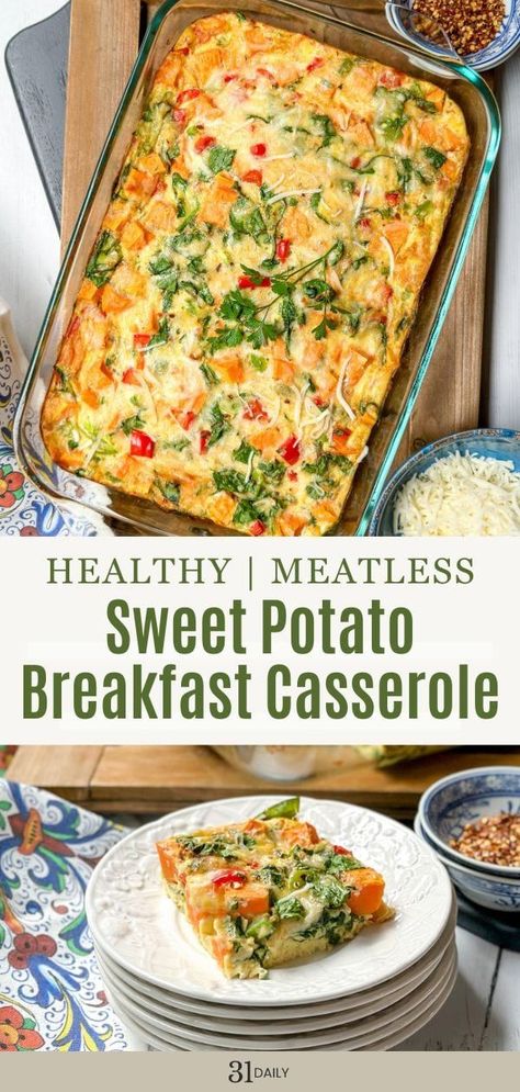 This Sweet Potato Breakfast Casserole is an undeniably delicious way to begin your day! This easy-to-make meatless egg casserole is packed with wholesome ingredients like sweet potatoes, bell peppers, spinach, and incredible spices that combine all the flavors beautifully! Perfect for Thanksgiving morning when you need a easy breakfast to throw in the oven! A tasty breakfast, lunch and even a protein snack too! Sweet Potato Spinach Egg Bake, Meatless Egg Casserole, Potato Egg Bake, Veggie Breakfast Casserole, Sweet Potato Breakfast Casserole, Xmas Brunch, Potato Breakfast Casserole, Potato And Egg Breakfast, Egg Bake Casserole