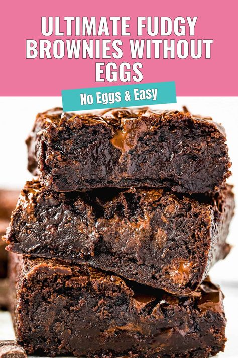 These Ultimate Fudgy Brownies without Eggs are super fudgy, moist, chewy, gooey, dense, and chocolaty, with crispy edges and crackly tops. Easy to make with basic pantry ingredients. This easy eggless brownie recipe really is the best! The recipe includes step-by-step photos and lots of tips. Desserts With One Egg, Eggless Easy Desserts, Recipes Without Eggs Dessert, Eggless Chocolate Brownies, Easy Recipes Without Eggs, Box Brownies Without Eggs, No Egg Brownies Recipe, Brownie Recipe No Eggs, Brownie Recipes No Eggs