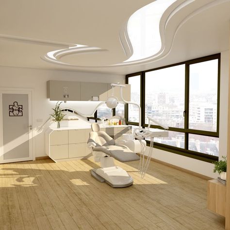 This place is a dental office located in Tehran. My concept for making spacial space is mixing musical signs with geometrical shapes. For example we can see musical note shaped the ceiling with light and curve lines. Dentist Cabinet, Clinic Aesthetic, Dentist Office Design Interiors, Egyptian Furniture, Dentist Office Design, Dental Office Design Interiors, Dental Office Decor, Aesthetic Decoration, Coffee Shop Interior Design