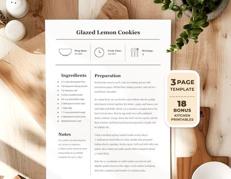 Minimalist Editable Recipe With MS Word & Google Docs Recipe Template Printable Recipe, Editable Elegant Recipe Template Bonus Pages - Etsy Recipe Template Printable, Kitchen Printables, Recipe Template, Printable Recipe, Recipe Organization, Baking Sheets, Google Docs, Ms Word, Food Printables