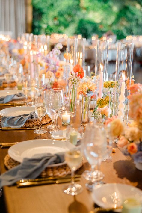 Whimsical Summer Wedding at The Mansion at Natirar | Maggie + Ty Dreamy Wedding Tablescape, Wedding Vibe Inspiration, Timeless Whimsical Wedding, Wedding Small Vases Flowers, Elegant Whimsical Wedding Decor, Whimsical Garden Wedding Florals, Whimsical Wedding Mood Board, Chic Colorful Wedding, Garden Party Brunch Wedding