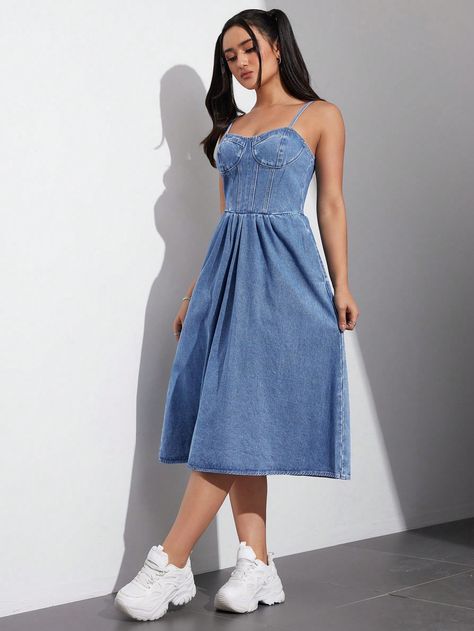 Blue Casual Collar Sleeveless Denim Plain Cami Embellished Non-Stretch  Women Clothing Denim Dresses Online, Denim Sundress, Bodycon Sweater, Bodycon Sweater Dress, Womens Denim Dress, Denim Dresses, Drop Shoulder Tee, Eve Outfit, New Years Eve Outfits