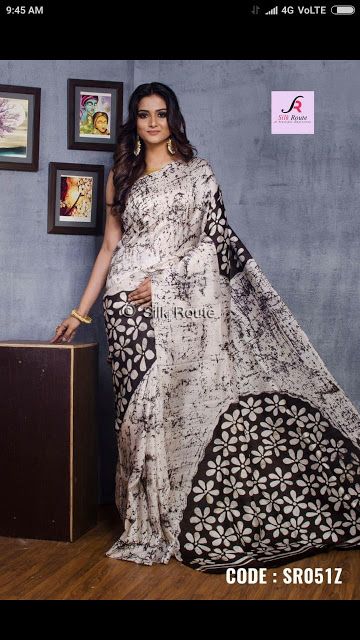 Bathic Design Saree, Silk Batik Saree, Bathik Saree, Black And White Saree, Pure Cotton Sarees, Indian Sari Dress, Cotton Saree Designs, Block Print Saree, Sari Blouse Designs