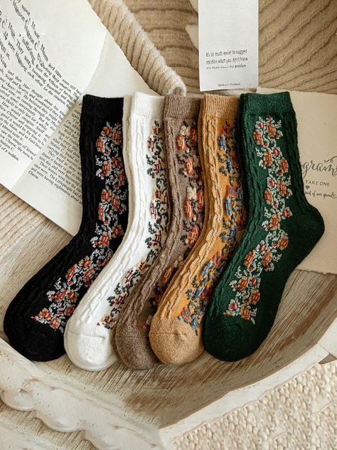 Winter Embroidery, Winter Socks, Women Socks, Cute Socks, Tube Socks, Socks And Tights, Brown Floral, Cashmere Wool, Cotton Socks