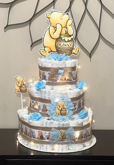 Winnie The Pooh Diaper Cake, Pooh Diaper Cake, Gender Reveal Baby Shower Themes, Boy Baby Shower Centerpieces, Cake Boy, Diaper Cake Boy, Cowboy Baby Shower, Baby Shower Cakes For Boys, Baby Shower Treats