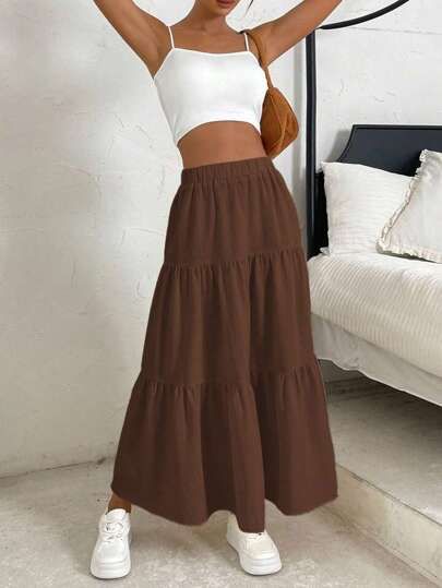 Layered Skirt Outfit, Tiered Skirt Outfit, Flare Skirt Outfit, Brown Skirt Outfit, Straight Midi Dress, Ruffle Skirt Outfit, Beautiful Ankara Gowns, Brown Maxi Skirts, Skirt Aesthetic