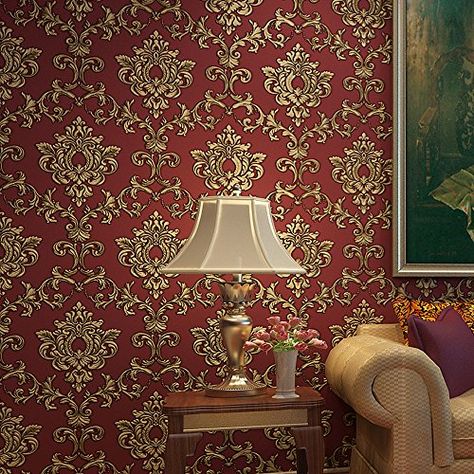 Red Wallpaper Room Design, Reading Nook Aesthetic, Red And Gold Wallpaper, Dark Maximalism, Bedroom Wallpaper Accent Wall, Red Accent Wall, Wallpaper Glue, Red Damask, Colour Trends