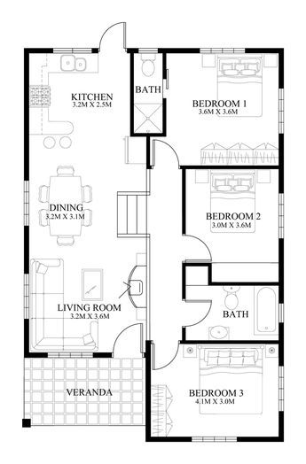 Small House Design Floor Plan, Pelan Lantai Rumah, Pelan Rumah, Three Bedroom House Plan, Bungalow Floor Plans, Small House Layout, Rumah Minecraft, Building House Plans Designs, House Floor Design