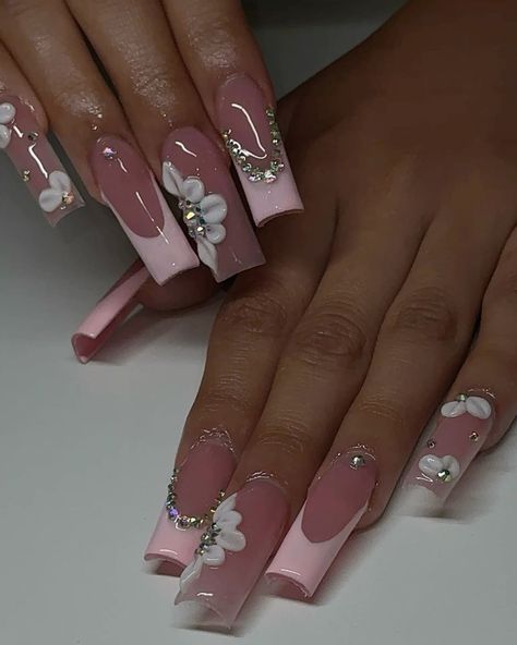 girly nailspink nail inspo3d flower nailspink acrylic nails Acrylic Nails Ideas With 3d Flowers, Light Pink Nails With 3d Flowers, Cute Medium Acrylic Nails 3d Flower, Medium Nails With 3d Flowers, 3d Flower Nails With Diamonds, Long Nails With 3d Flowers, Cute Flower Acrylic Nails, Nail 3d Flowers, Birthday Nails 3d Flowers