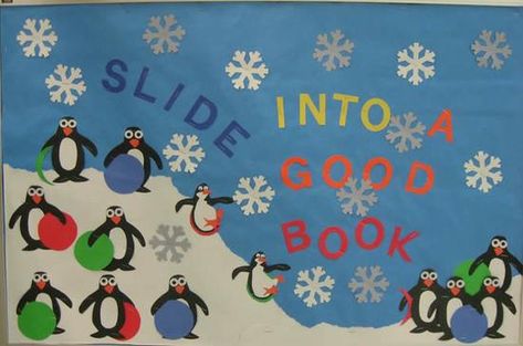 Penguin themed reading bulletin board idea for winter! http://www.mpmschoolsupplies.com/ideas/1055/slide-into-a-good-book/ Winter Boards, December Bulletin Boards, Book Bulletin Board, Literacy Week, School Library Bulletin Boards, Library Decorations, Christmas Bulletin Boards, January Bulletin Boards, Birthday Boards