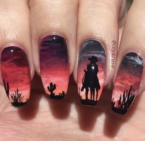 Country Nail Designs, Sunset Cowboy, Western Nail Art, Cactus Nails, Country Acrylic Nails, Rodeo Nails, Horse Nails, Cowboy Cactus, Cowboy Nails