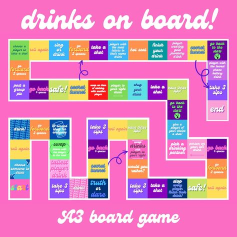 Upgrade your games or drinking night with a board game!  Drinks on board is ready made for you to play with friends, with secret tunnels and fun games to play! Use dice to roll and take it in turns to have a go! If you don't have a dice, you can find an online dice.  You will need placeholders - a good suggestion is shot glasses but if you don't have enough use title monopoly figures or coins! The Digital Download is the board on a A3 pdf. This is perfect for printing at home.  If you would like Drinking Game Printable, Drinking Night, Drunk Games, Drinking Board Games, Alcohol Games, Fun Games To Play, Diy Party Games, Bored Games, Board Games Diy