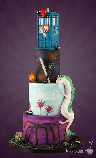 Mash-up Wedding Cake - Stranger Things, Dr Who.. Anime Wedding Cake, Stranger Things Wedding, Nerd Wedding Cake, Black Cherry Cake, Stranger Things Dr, Geek Wedding Cake, Alternative Wedding Cakes, Cookie Recipes Decorating, Movie Cakes