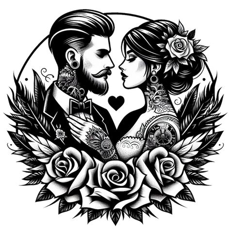 Elevate your alternative wedding theme with our Steam Punk Bride and Groom SVG digital design. This unique and edgy design set is perfect for couples who want to stand out from the crowd and embrace the unconventional side of love. Tattoo Wedding Ideas, Couple Traditional Tattoo, Steam Punk Tattoos, Best Couple Tattoos Unique, Groom Tattoos, Honeymoon Tattoo, Punk Bride, Unique Couple Tattoos, Alternative Wedding Theme