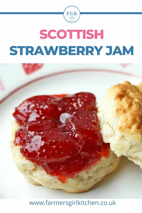 Scottish Strawberry Jam is a sweet and delicious preserve. It's the nation's favourite jam and is made with only 3 ingredients and without any added pectin. Once you've tasted this traditional Scottish recipe you'll find it hard to go back to commerically produced jam. French Jam Recipes, Strawberry Jam Recipe With Honey, Strawberry Jam No Pectin, Gooseberry Jam, Pectin Recipes, Low Sugar Jam, Strawberry Jam Recipe, Jam Recipes Homemade, Canning Jam