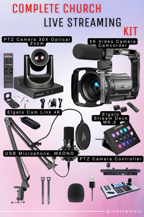 Church live streaming kit including a PTZ camera with 30X optical zoom, HDMI, 3G-SDI, USB, and IP streaming capabilities, a professional USB microphone, joystick controller, video capture card, tripod, and lighting kit. Yg Building Interior, Live Streaming Setup, Recording Studio Equipment, Comunity Manager, Best Vlogging Camera, Photography Studio Design, Church Branding, Start Youtube Channel, Podcast Studio