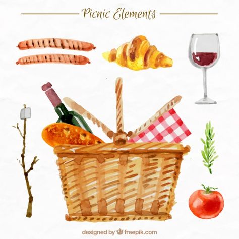 Watercolor Picnic, Picnic Date Food, Basket Drawing, Table Cloth Decorations, Picnic Quilt, Cottagecore Art, Food Wall Art, Picnic Inspiration, Food Clipart