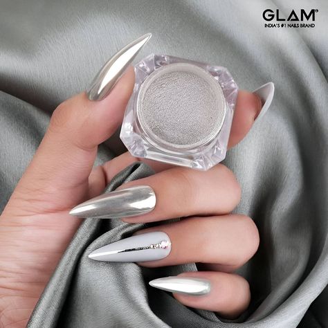 30 Chic Silver Nail Ideas To Vamp Up Your Feminity Power - 210 Chrome Nail Art Coffin, Silver And Chrome Nails, Mirror Glaze Nails, Silver Chrome And Glitter Nails, Mirror Chrome Nails Silver, Nail Designs With Chrome Powder, White Silver Chrome Nails, Silver Mirror Nails, Mirror Nails Chrome