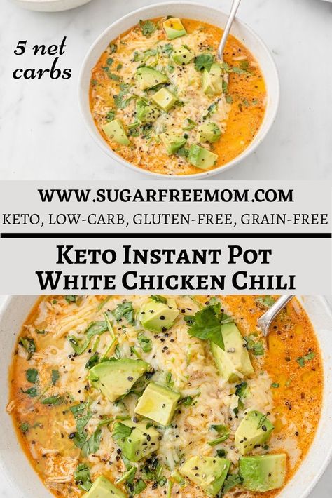 Keto Instant Pot White Chicken Chili (Slow Cooker Option) Instant Pot White Chicken Chili, Chicken Chili Soup, White Chicken Chili Slow Cooker, Keto Instant Pot, Slow Cooker Chicken Chili, Creamy White Chicken Chili, Chili Toppings, White Chili Chicken Recipe, Lean And Green Meals