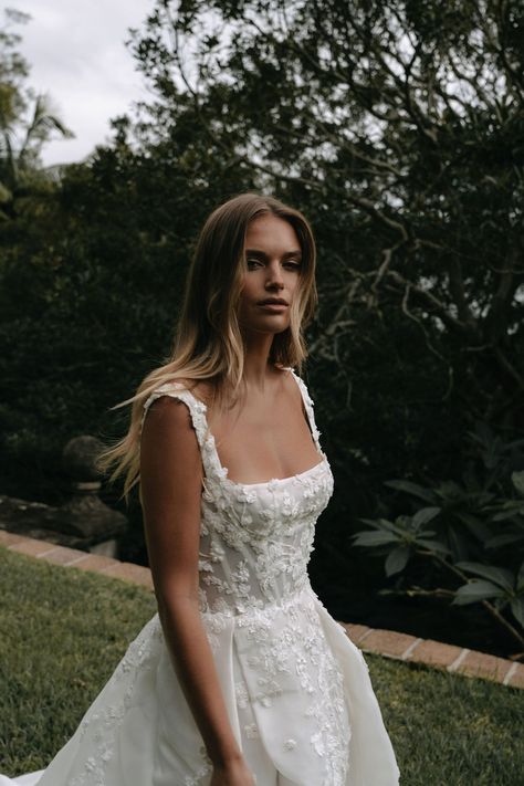 Jasmine — Alena Leena Wedding Dress With Square Neckline, Silky Wedding Dress, Lace Wedding Dress Romantic, Square Neckline Wedding Dress, Alena Leena Bridal, Square Neck Wedding Dress, Modern Bridal Dress, Beaded Lace Wedding Dress, Plain Wedding Dress