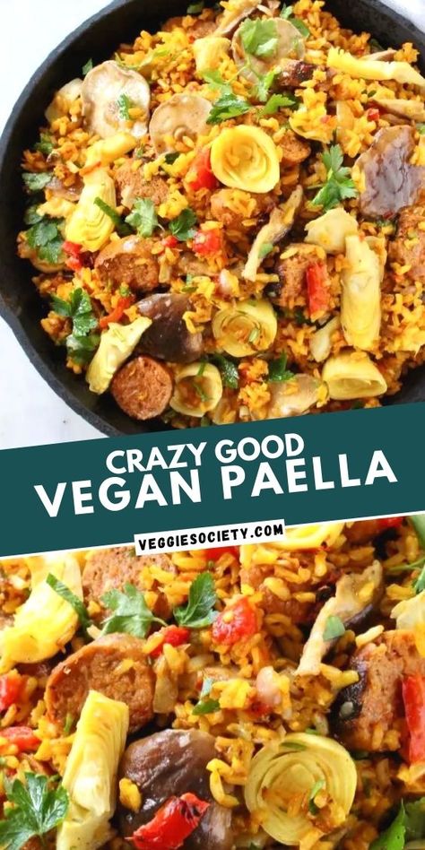 The best vegan Paella recipe with mushrooms, artichokes, roasted peppers, plant based sausage and brown rice cooked in a flavorful Spanish saffron and white wine broth. Vegan Paella Spanish, Vegan Paella Recipe, Vegetarian Paella Recipe, Vegan Spanish Recipes, Vegetable Paella Recipe, Sausage Paella, Veggie Paella, Vegan Paella, Recipe With Mushrooms