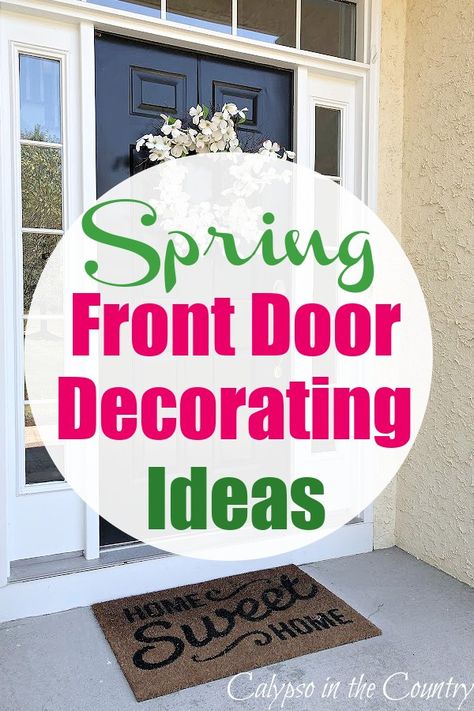 Spring front door with white dogwood wreath. Spring Decoration Outdoor, Spring Decor Front Door, Front Door Decor Inspiration, Spring Front Step Decor, Spring Outside Decor Front Porches, Summer Front Door Decor Entrance, 2024 Front Porch Decor, Spring Front Door Ideas, Spring Small Front Porch Decor