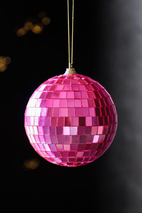 Lifestyle image of the Hot Pink Disco Ball Christmas Decoration Hot Pink Christmas Aesthetic, Hot Pink Disco Ball, Pink Mirrors, Disco Strawberry, Disco Ball Christmas, Hot Pink Christmas, Magical Mirror, Christmas Disco, Disco Christmas