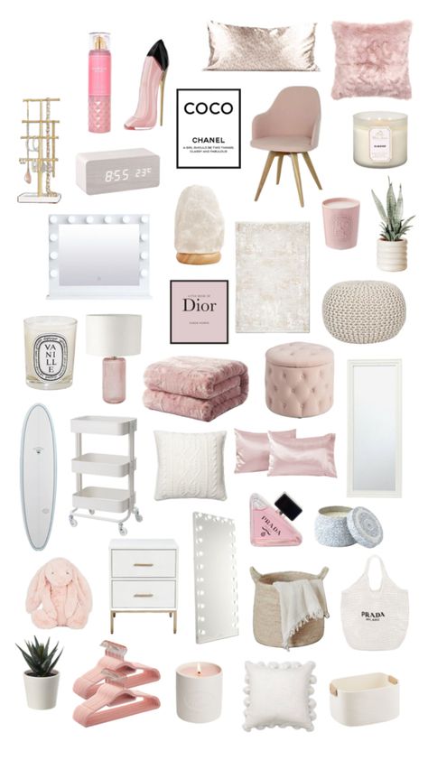 Room Theme Ideas For Women, Room Ideas Gold And Pink, Light Pink House Decor, Pink Themed Room Aesthetic, Room Ideas Aesthetic Hello Kitty, Cute Pink And White Room Ideas, Girly Bedroom Decor Ideas, Room Reorganizing Ideas, White Bedroom With Pink Accents