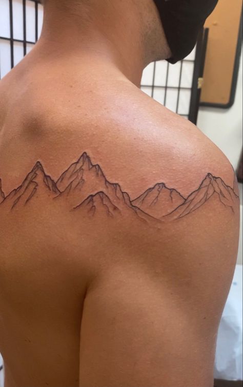 Mountain Range Band Tattoo, Wrap Around Landscape Tattoo, Mountain Range Tattoo Men, Sierra Mountains Tattoo, Mountain Sky Tattoo, Mountain Range Spine Tattoo, 5280 Tattoo Colorado, Wrap Around Mountain Tattoo, Mountain Tattoo Wrap Around