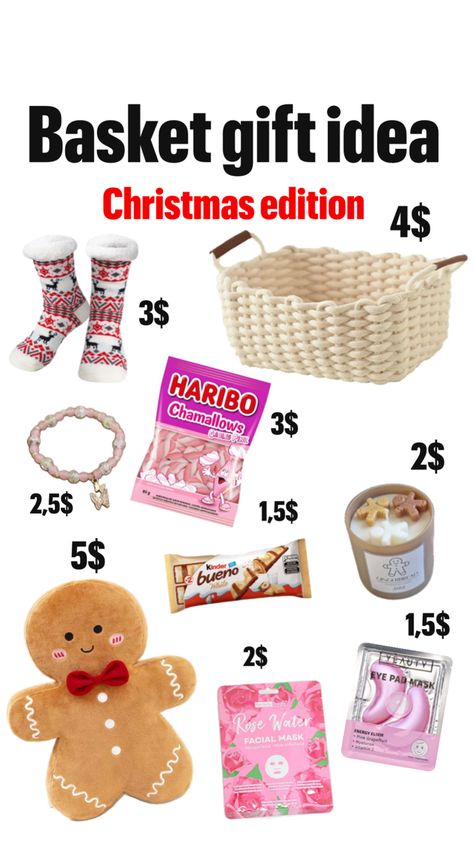 Collage basket gift Christmas 20$ Brr Baskets Gift Ideas Cheap, Brr Basket Cheap, Cheap Christmas Basket Gift Ideas, Cheap Basket Ideas, Gift Ideas Under $25 Christmas, Secret Santa Basket Ideas, Burr Basket Ideas Under $30, Gift Basket Ideas Cheap, Christmas Gifts Under $25 Ideas