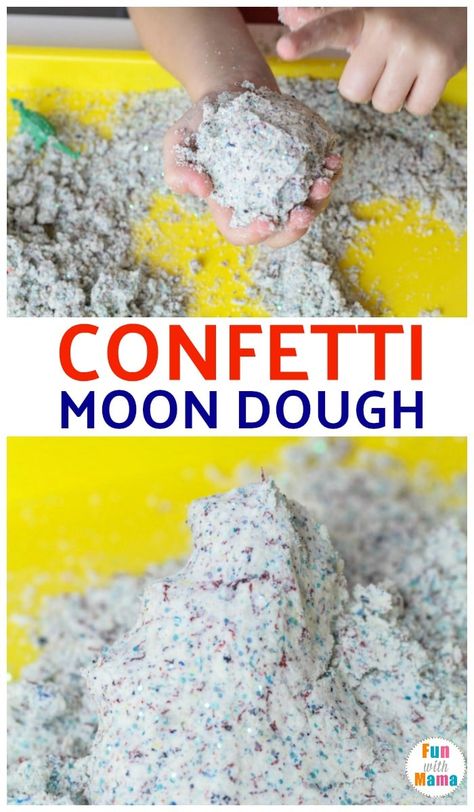 This confetti moon dough recipe is so simple and easy to make. It's great for sensory development and skills and is not too messy! #moondough #sensorydevelopment #finemotorskills #preschool #toddler Moon Dough Recipe Flour, Moon Dough Recipe, Sahm Activities, Sensorial Activities, Moon Dough, Crafts Classroom, Sensory Tables, Craft Recipes, Stem Ideas