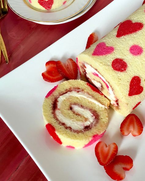 Love is all around with hearts and strawberries and fluffy cream cheese rolled into a light almond cake. I've created a twist on the classic jelly roll that is a Valentine's dessert as sweet as the ones you love. Strawberry Cake Roll, Strawberry Cream Cheese Filling, Jelly Roll Cake, Strawberry Roll Cake, Valentine Strawberries, Swiss Roll Cake, Cream Cheese Rolls, Cake Roll Recipes, Crumble Cake