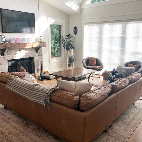 Favorite time of day in this room. Tan Leather Sectional, Modern Sectional Sofas, Mid Century Modern Sectional Sofa, Mid Century Modern Sectional, Wooden Trim, Oak Trim, Corner Couch, Corner Sectional Sofa, Contemporary Mid Century